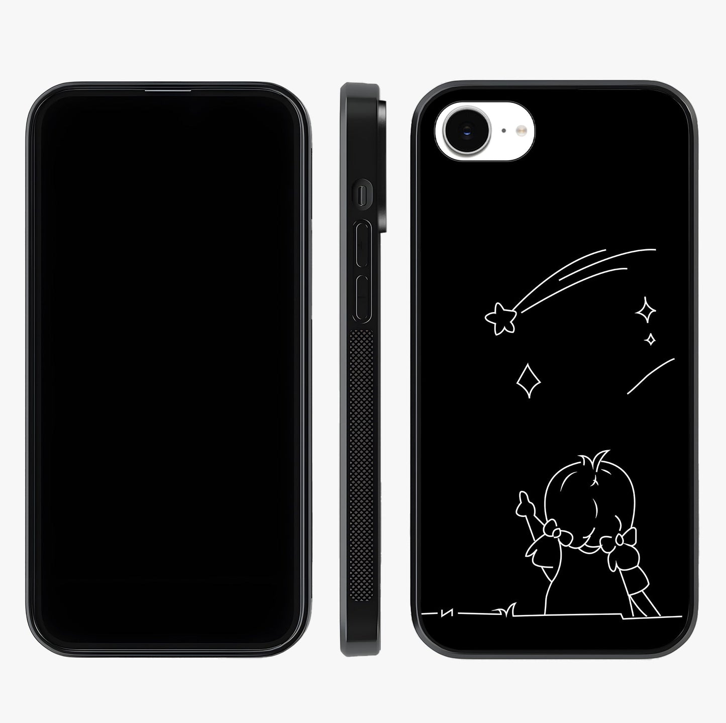 Line Art Girl With Shooting Stars Glass Case displayed upright for full design visibility and premium finish.