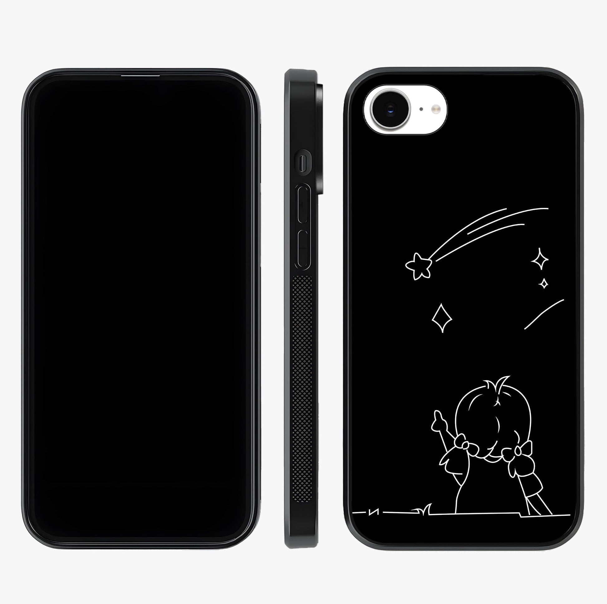 Line Art Girl With Shooting Stars Glass Case displayed upright for full design visibility and premium finish.