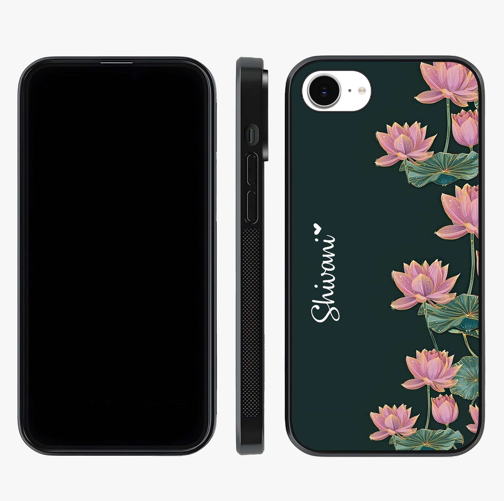 Lotus Bloom Serenity Custom Name Glass Case displayed upright for full design visibility and premium finish.