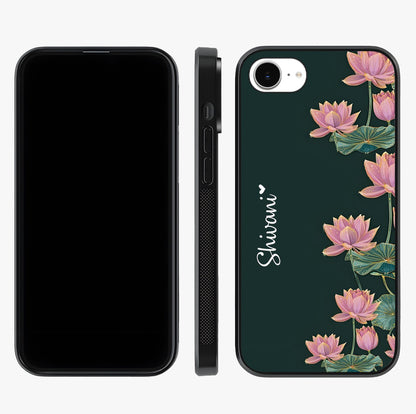Lotus Bloom Serenity Custom Name Glass Case displayed upright for full design visibility and premium finish.