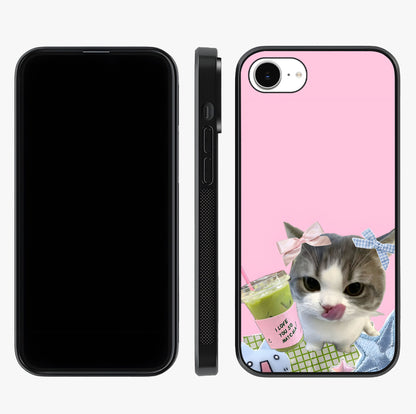 Love Matcha Cat Glass Case displayed upright for full design visibility and premium finish.