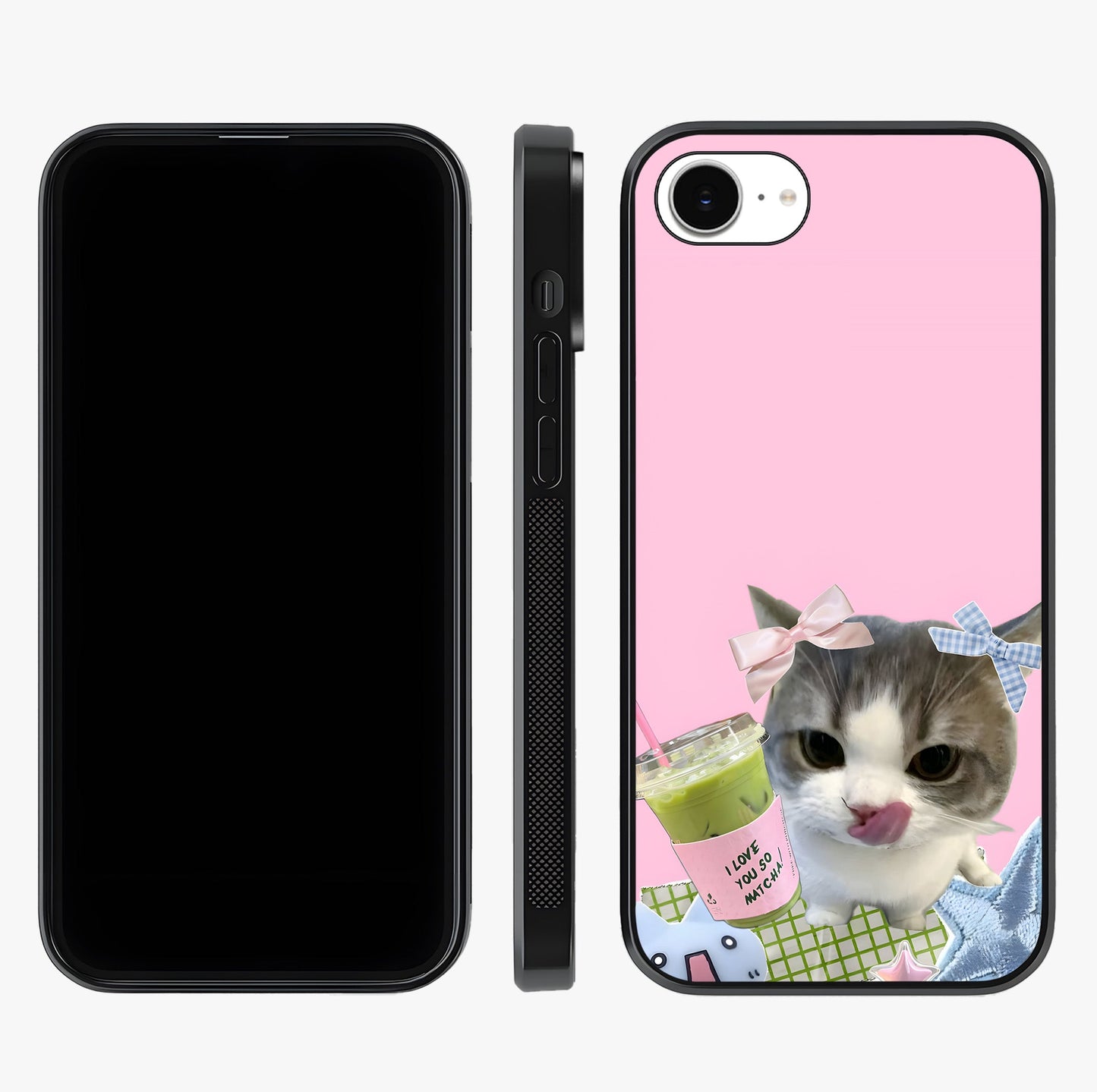 Love Matcha Cat Glass Case displayed upright for full design visibility and premium finish.