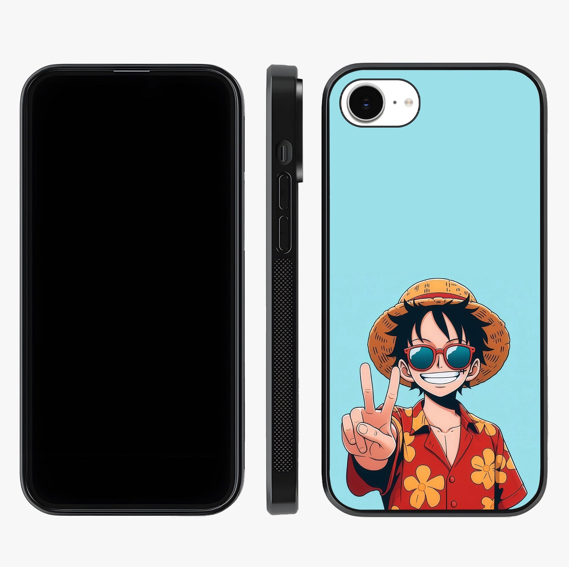 Luffy Summer Anime Vibe Glass Case displayed upright for full design visibility and premium finish.