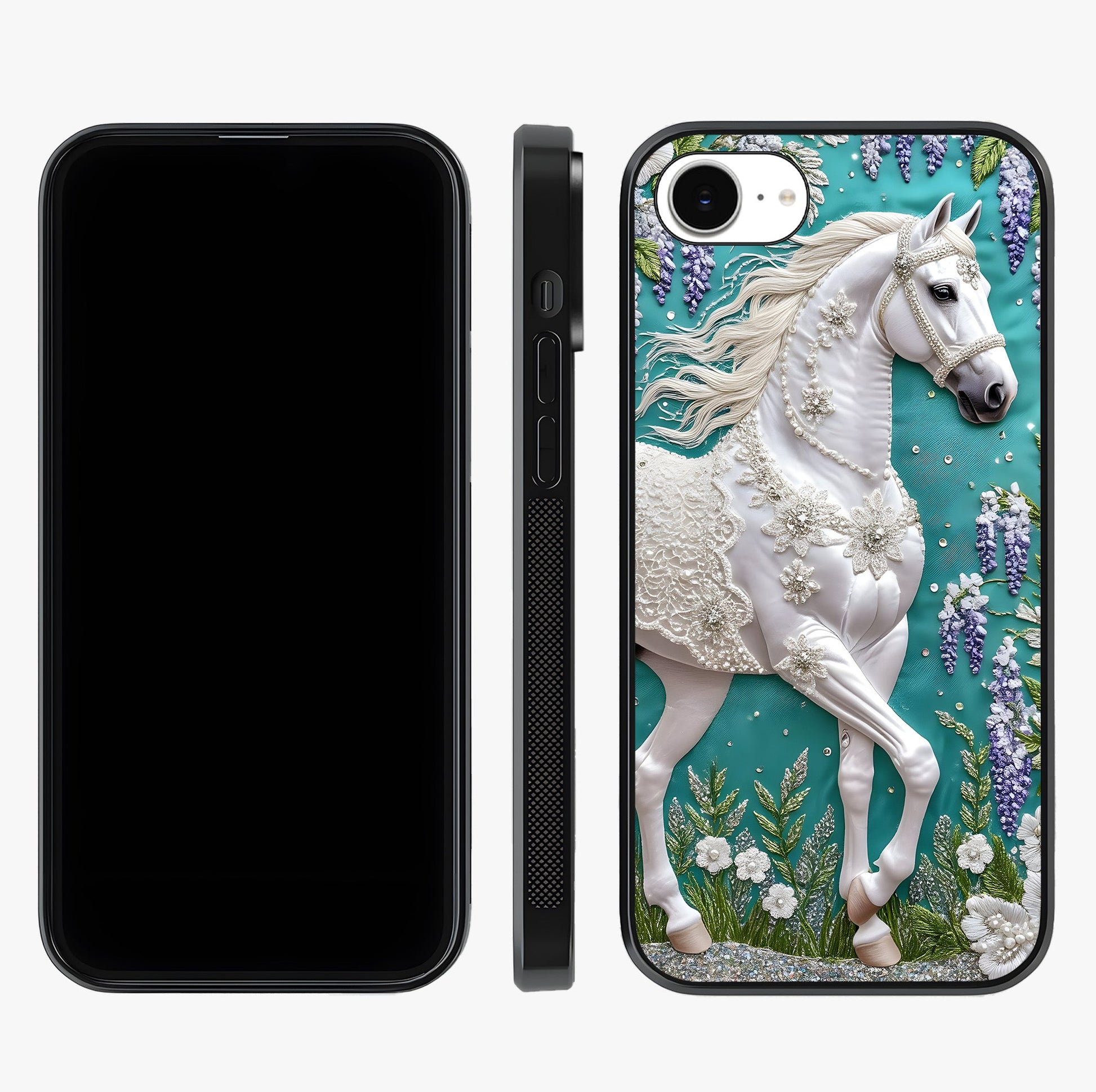 Majestic Floral Stallion Glass Case displayed upright for full design visibility and premium finish.