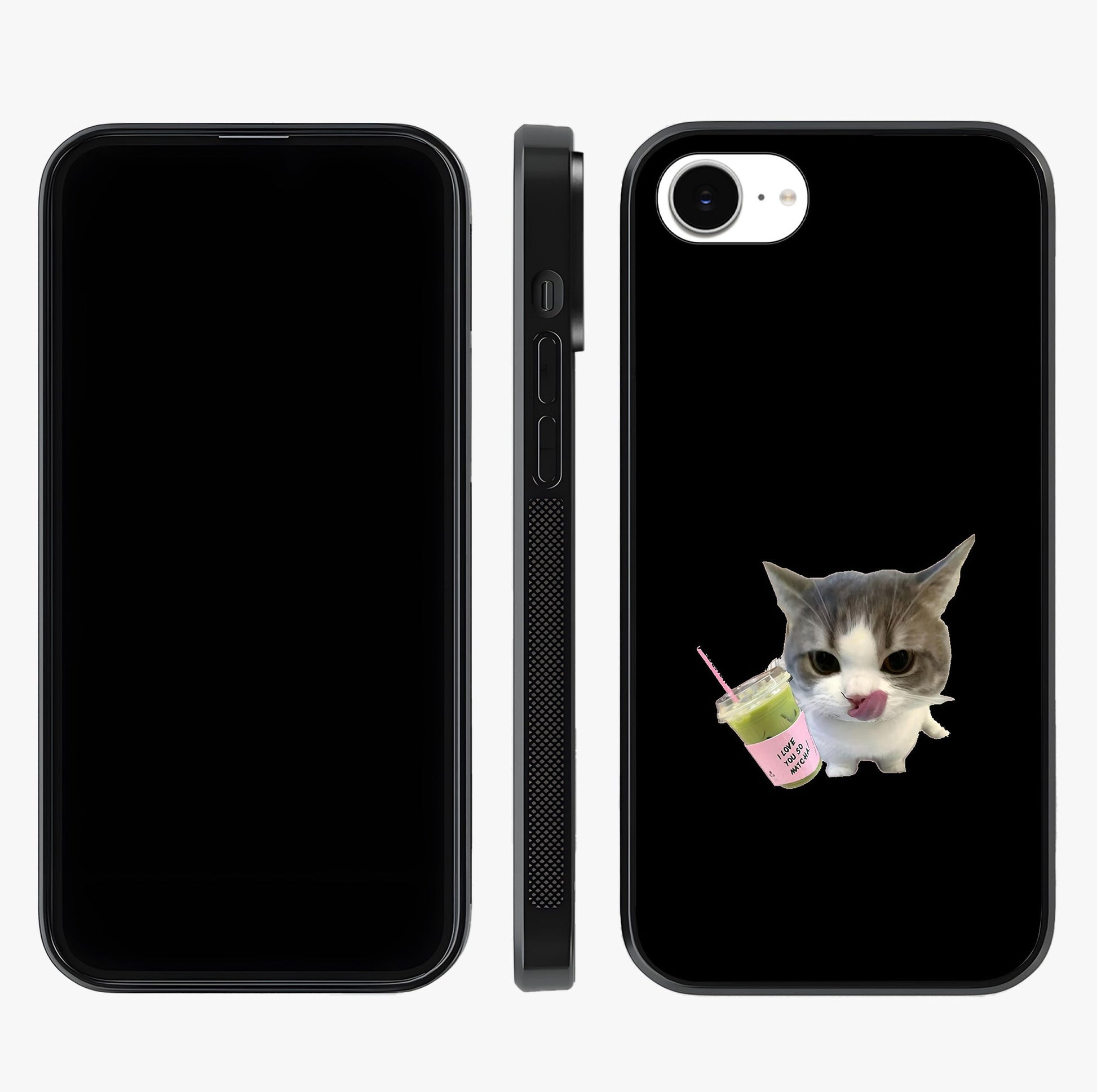 Matcha Cat Style Glass Case displayed upright for full design visibility and premium finish.