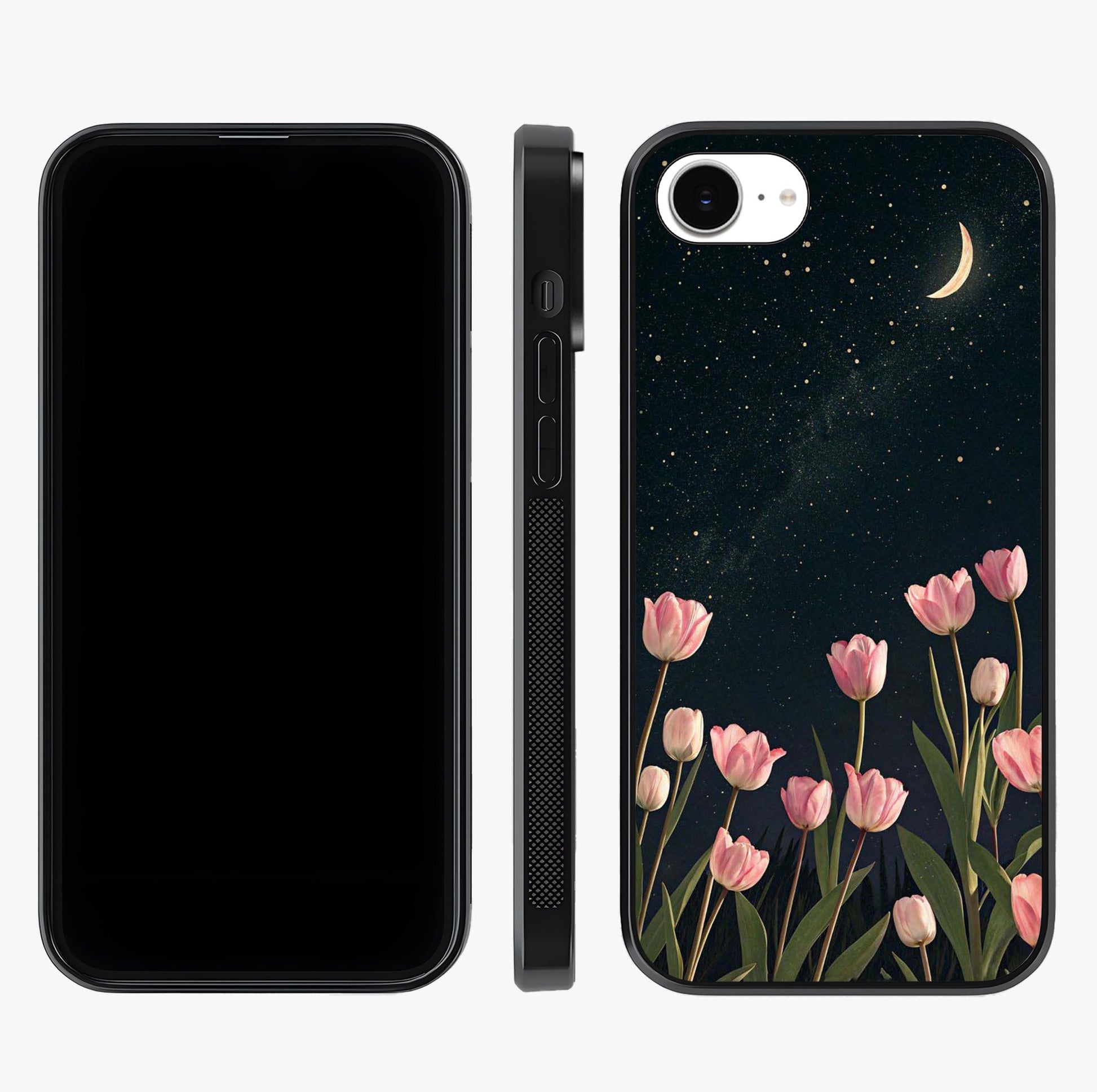 Midnight Tulip Whispers Vibe Glass Case displayed upright for full design visibility and premium finish.