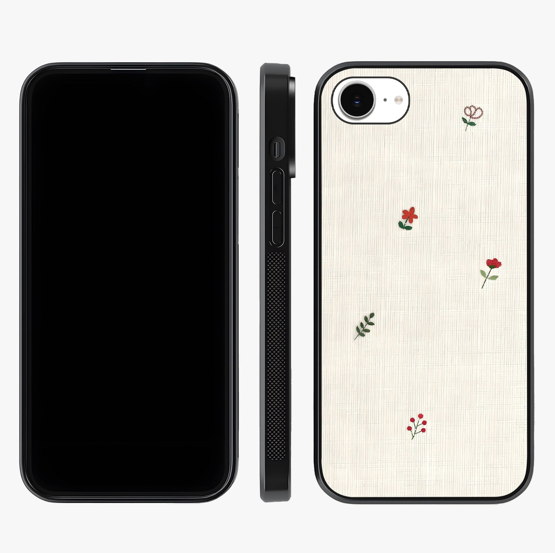 Minimal Petal Whispers Glass Case displayed upright for full design visibility and premium finish.