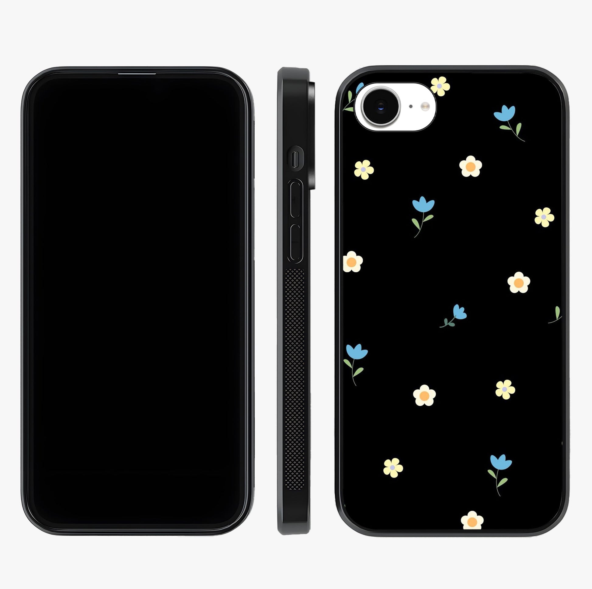 Minimalistic Blue With White Flower Pattern Glass Case displayed upright for full design visibility and premium finish.