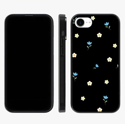 Minimalistic Blue With White Flower Pattern Glass Case displayed upright for full design visibility and premium finish.