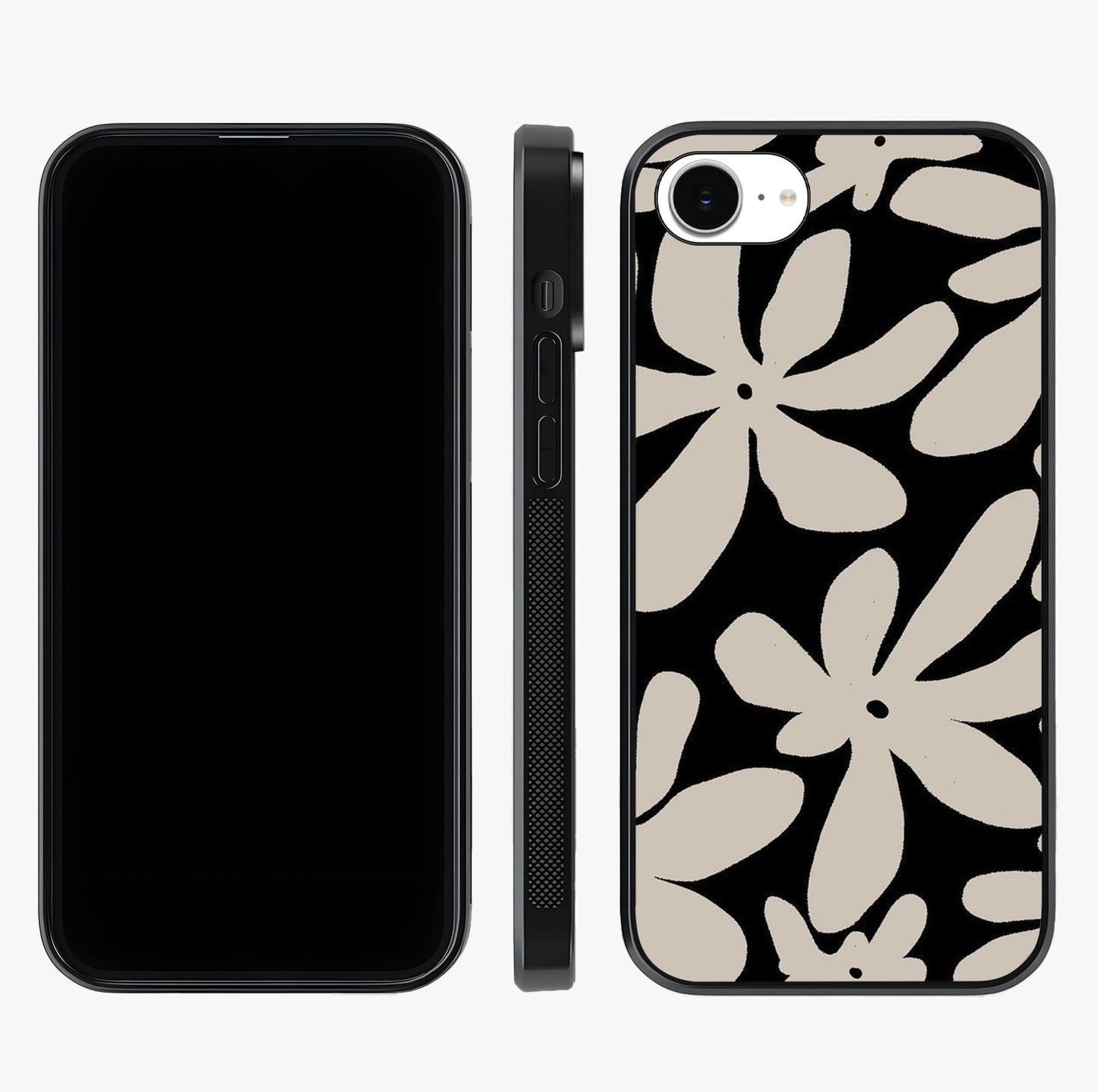 Monochrome Petal Dance Glass Case displayed upright for full design visibility and premium finish.