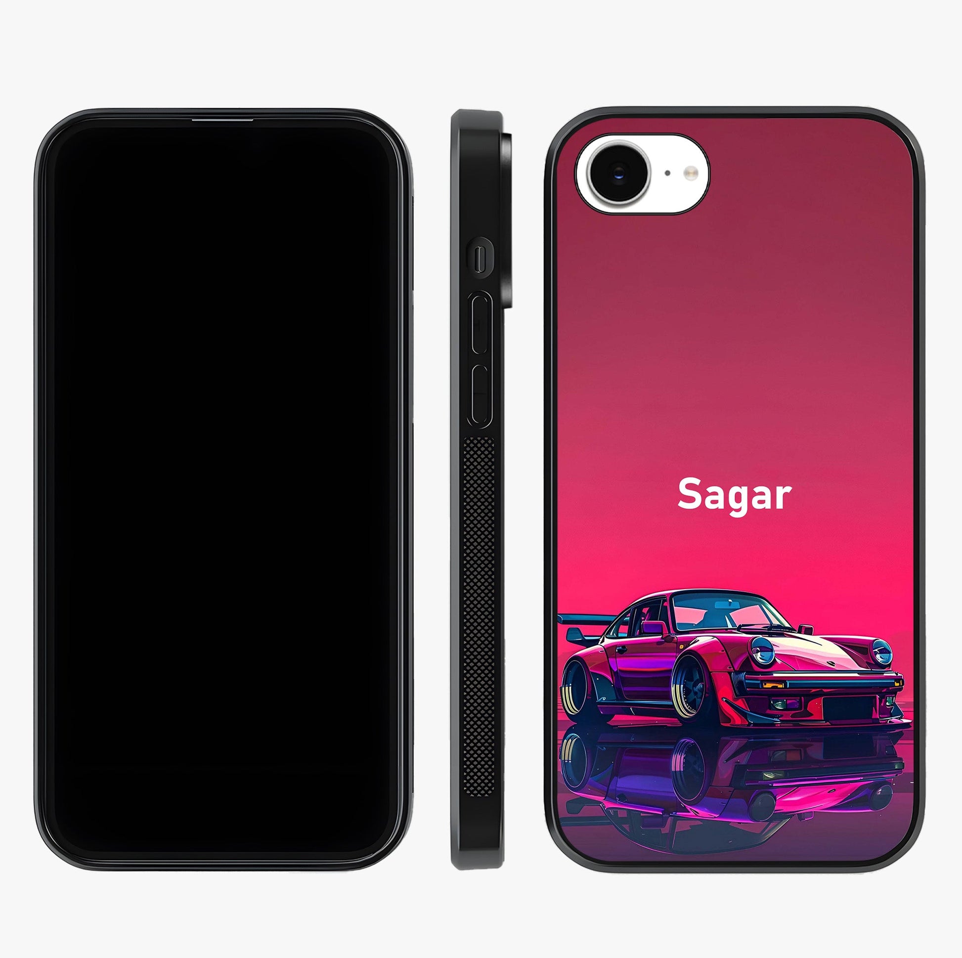 Neon Pink Porsche Glass Case displayed upright for full design visibility and premium finish.