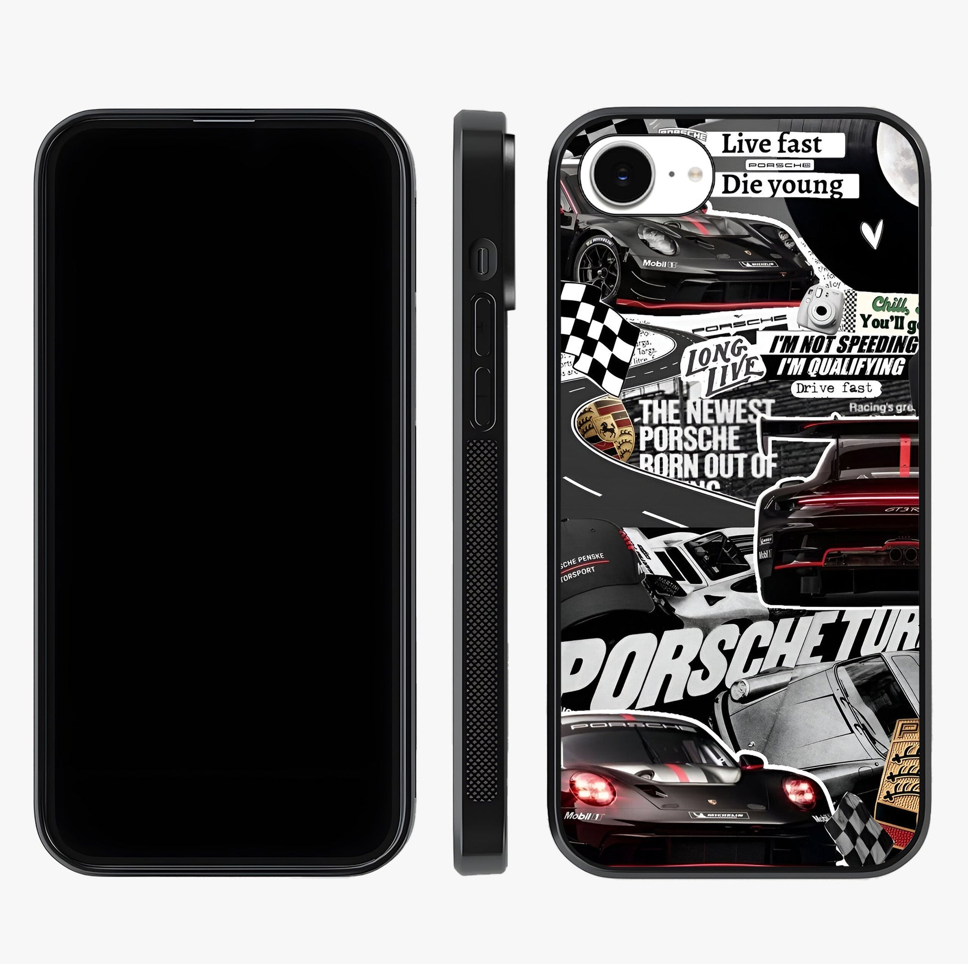 Porsche Racing Collage Glass Case displayed upright for full design visibility and premium finish.