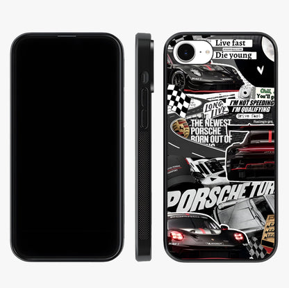 Porsche Racing Collage Glass Case displayed upright for full design visibility and premium finish.