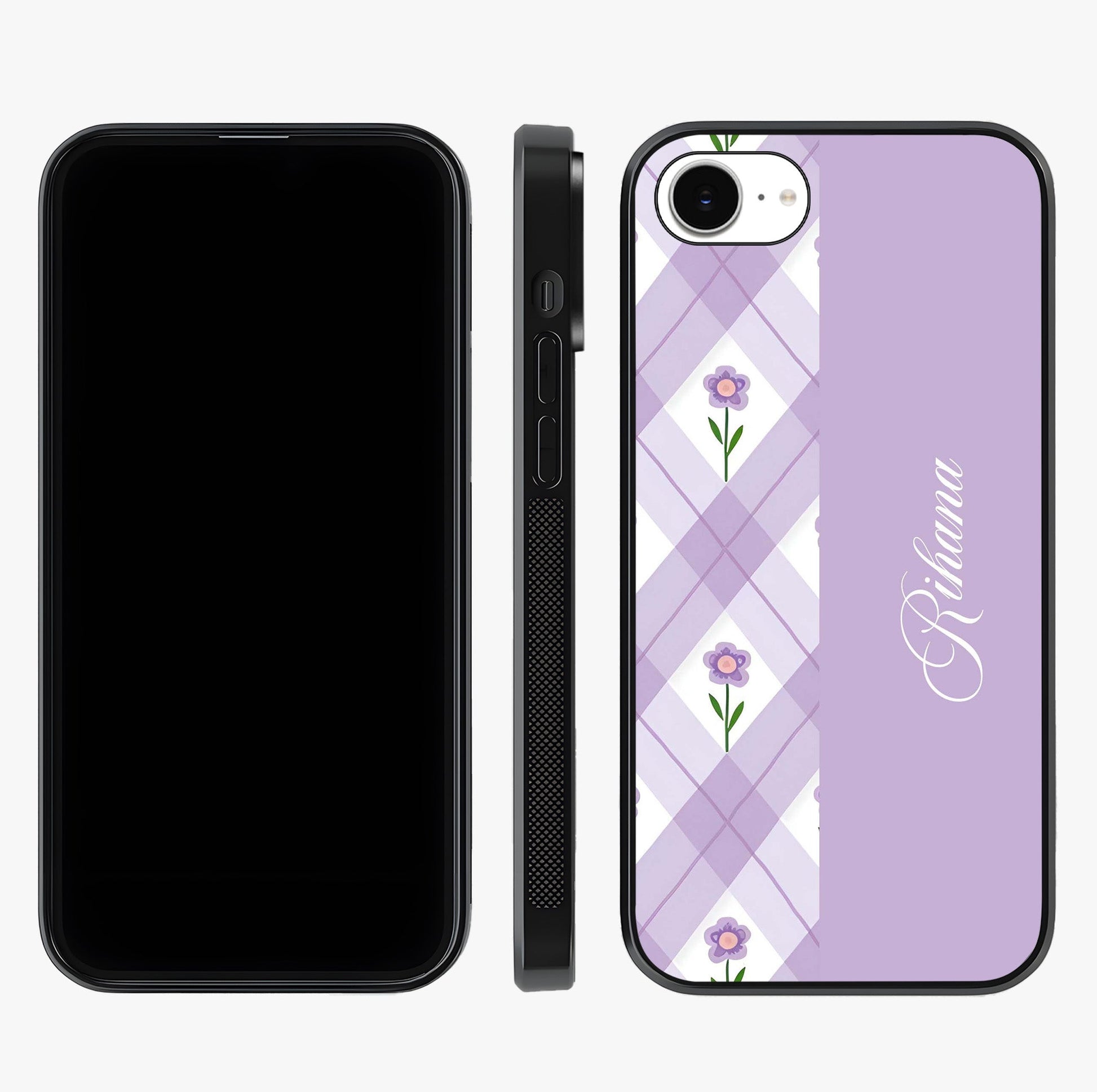 Purple Diamond Floral Glass Case displayed upright for full design visibility and premium finish.
