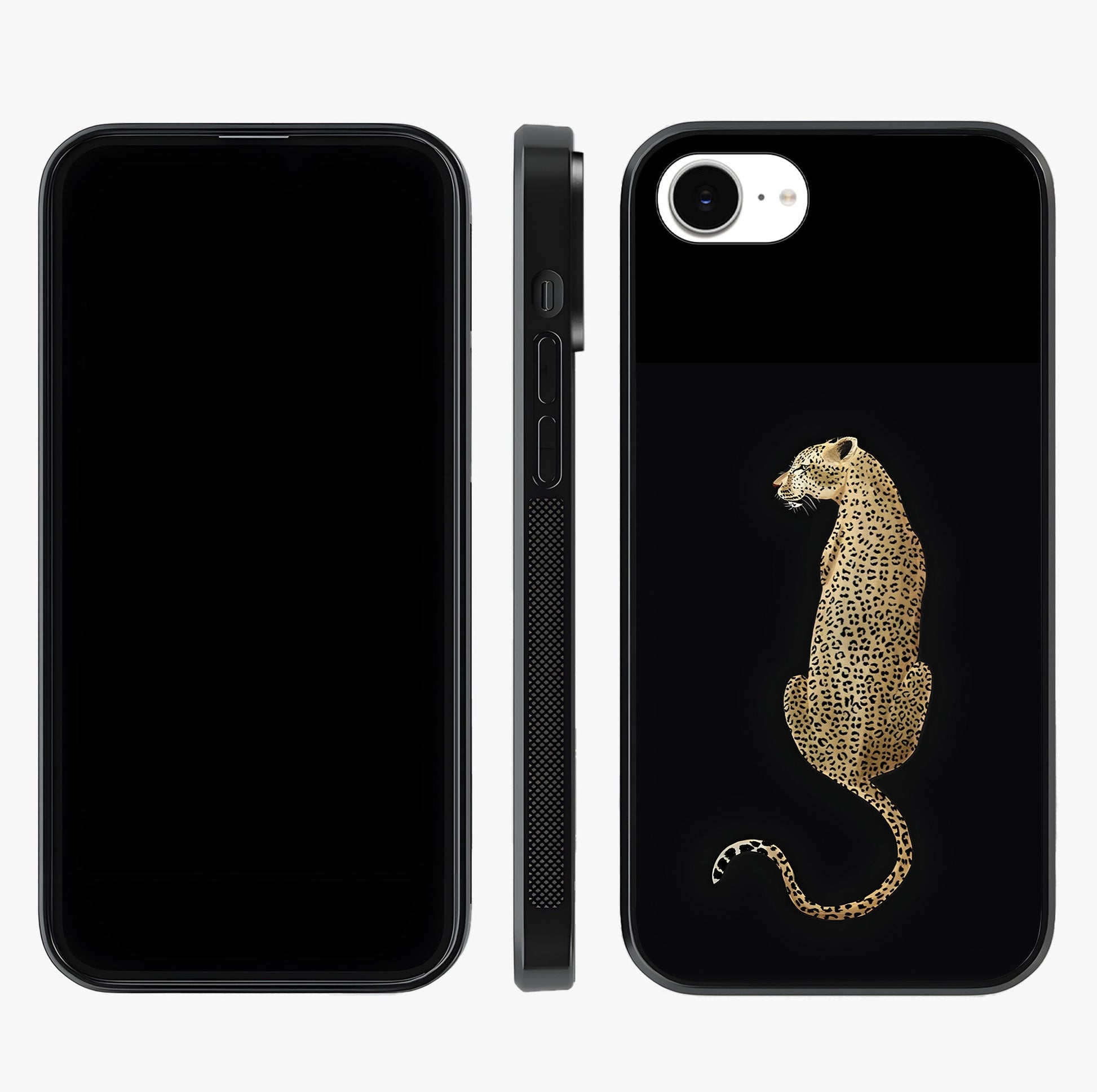 Regal Leopard Glass Case displayed upright for full design visibility and premium finish.