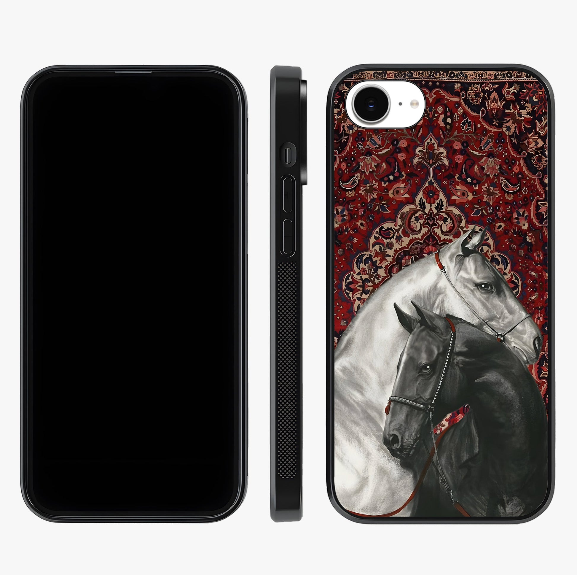Regal Stallion Tapestry Glass Case displayed upright for full design visibility and premium finish.