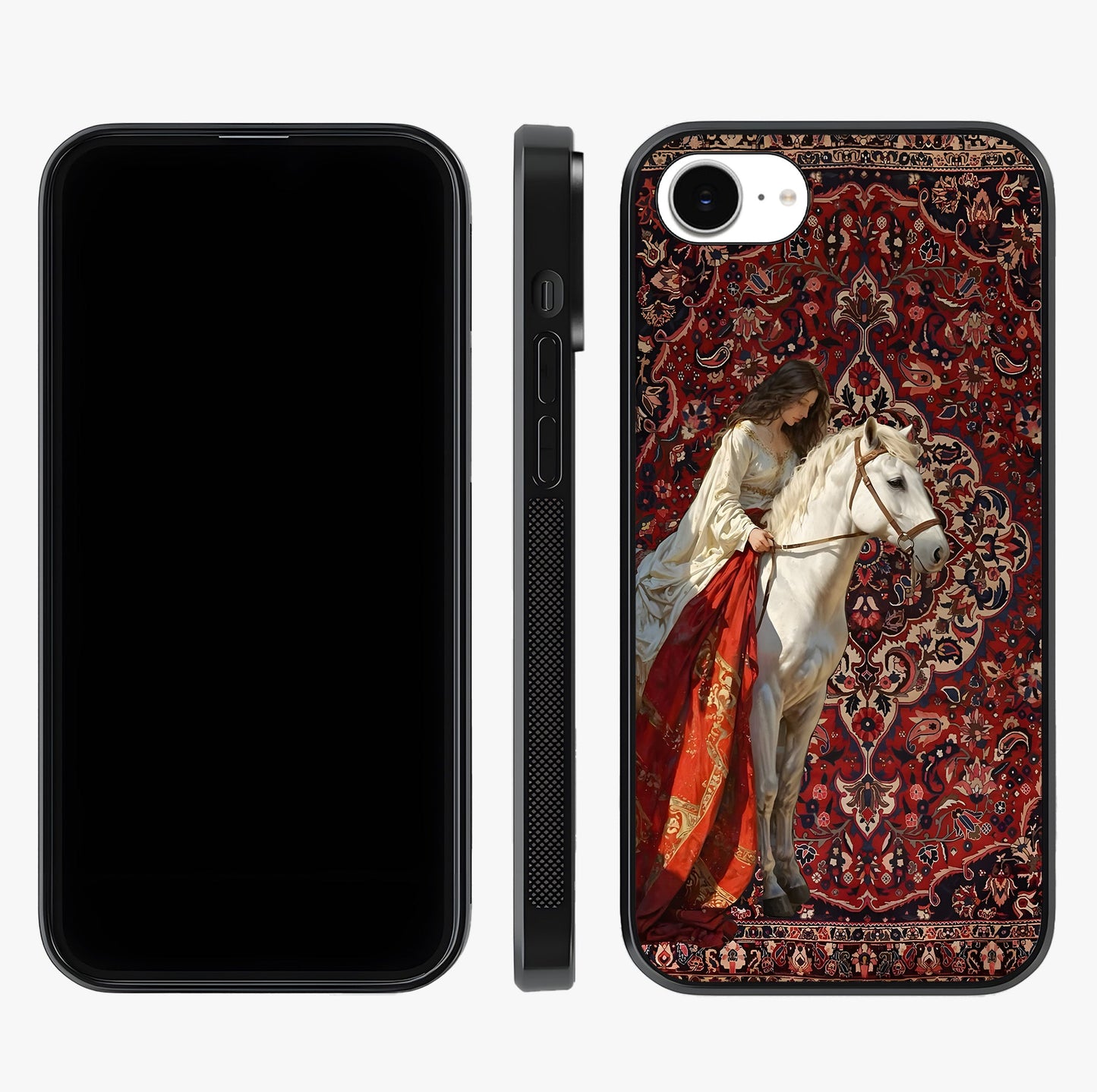 Royal Rider Tapestry Glass Case displayed upright for full design visibility and premium finish.