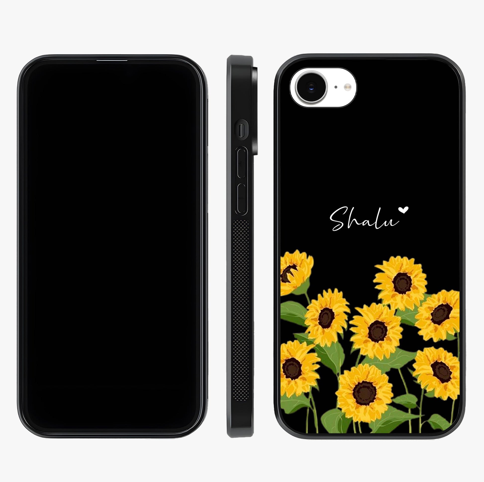Sunflower Chic Mood Custom Name Glass Case displayed upright for full design visibility and premium finish.