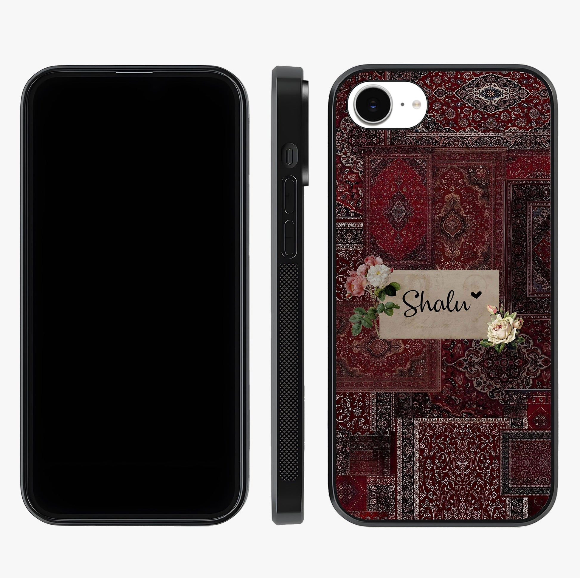 Velvet Wine Pattern Custom Name Glass Case displayed upright for full design visibility and premium finish.