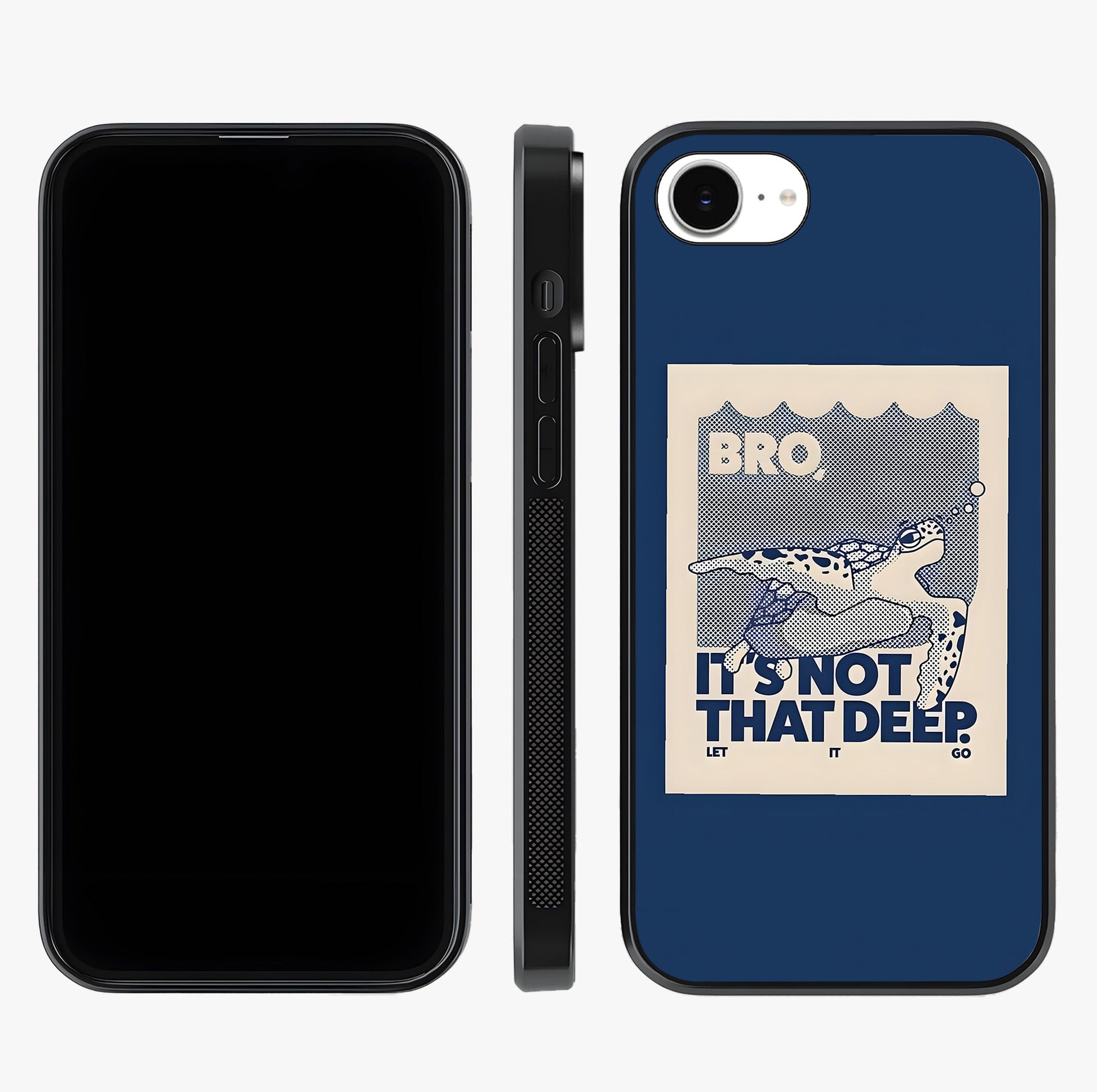 Worry Less Swim Glass Case displayed upright for full design visibility and premium finish.