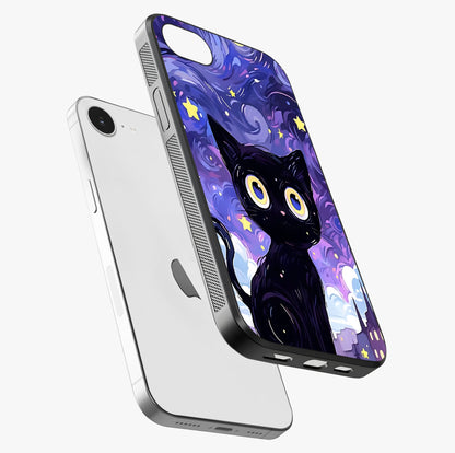 Abstract Cat Art Glass Case laid diagonally highlighting side profile, edges and glossy glass shine.