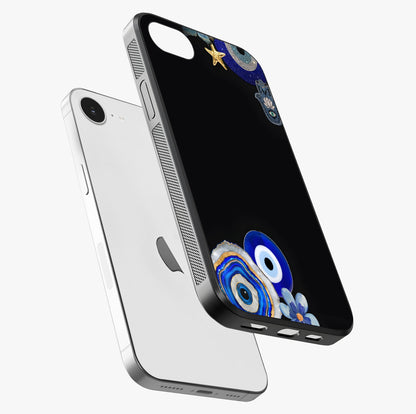 Aesthetic Blue Evil Eye Glass Case laid diagonally highlighting side profile, edges and glossy glass shine.
