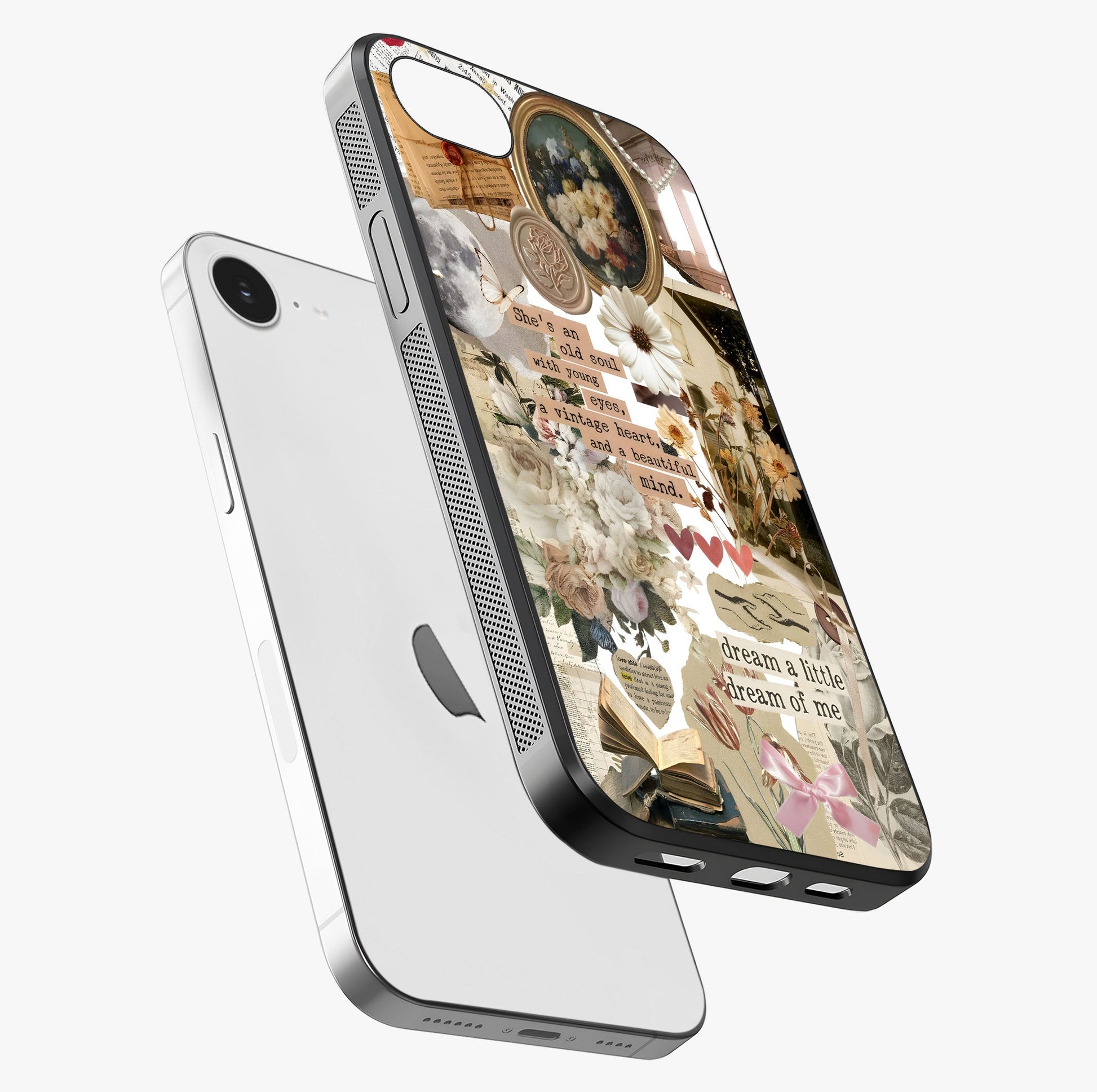 Aesthetic Brown Vintage Collage Glass Case laid diagonally highlighting side profile, edges and glossy glass shine.