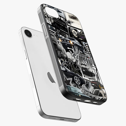 Aesthetic Dark Love Glass Case laid diagonally highlighting side profile, edges and glossy glass shine.
