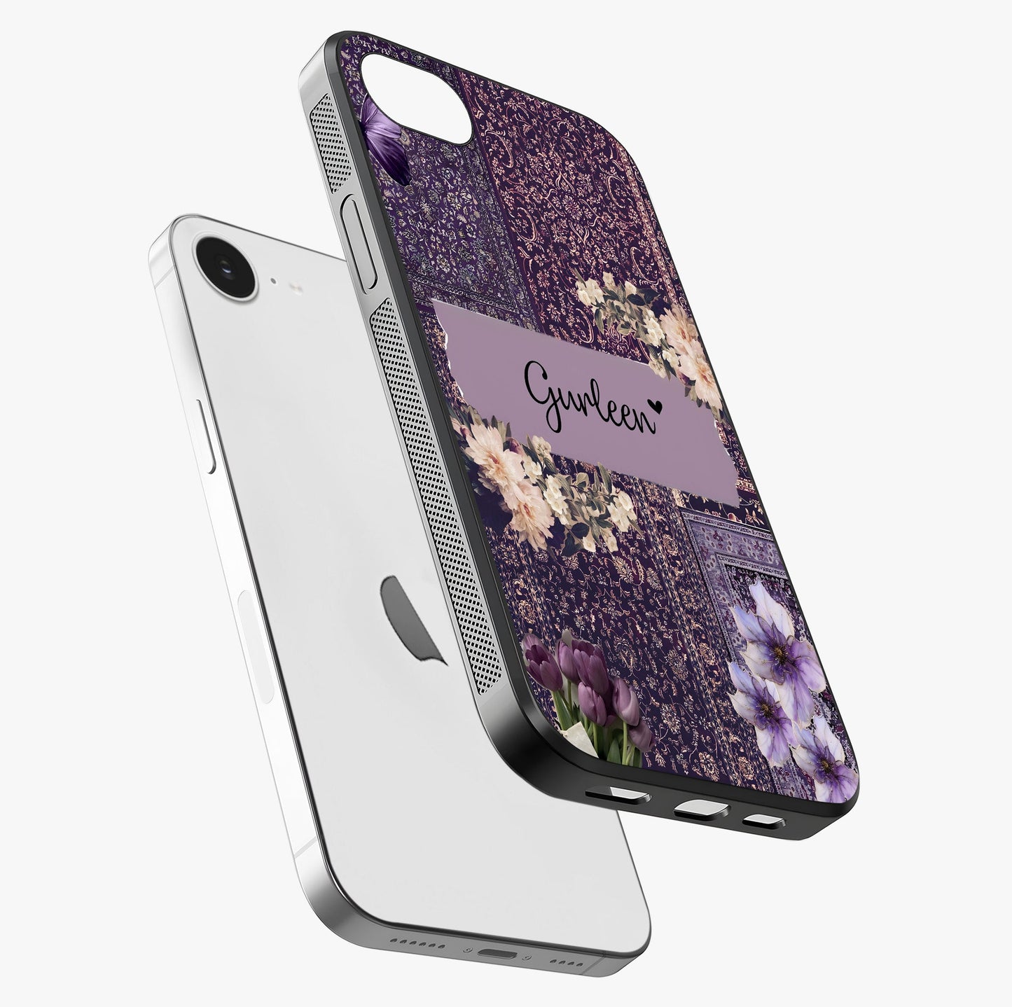 Antique Floral Whisper Custom Name Glass Case laid diagonally highlighting side profile, edges and glossy glass shine.