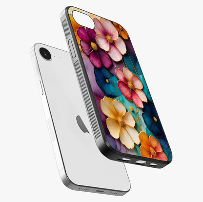 Artlyn Grace Flower Pattern Glass Case laid diagonally highlighting side profile, edges and glossy glass shine.