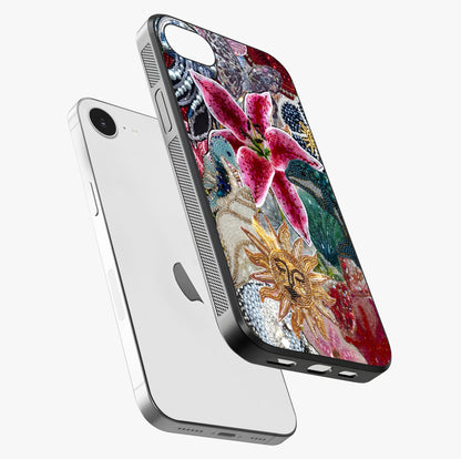 Beaded Garden Fantasy Glass Case laid diagonally highlighting side profile, edges and glossy glass shine.