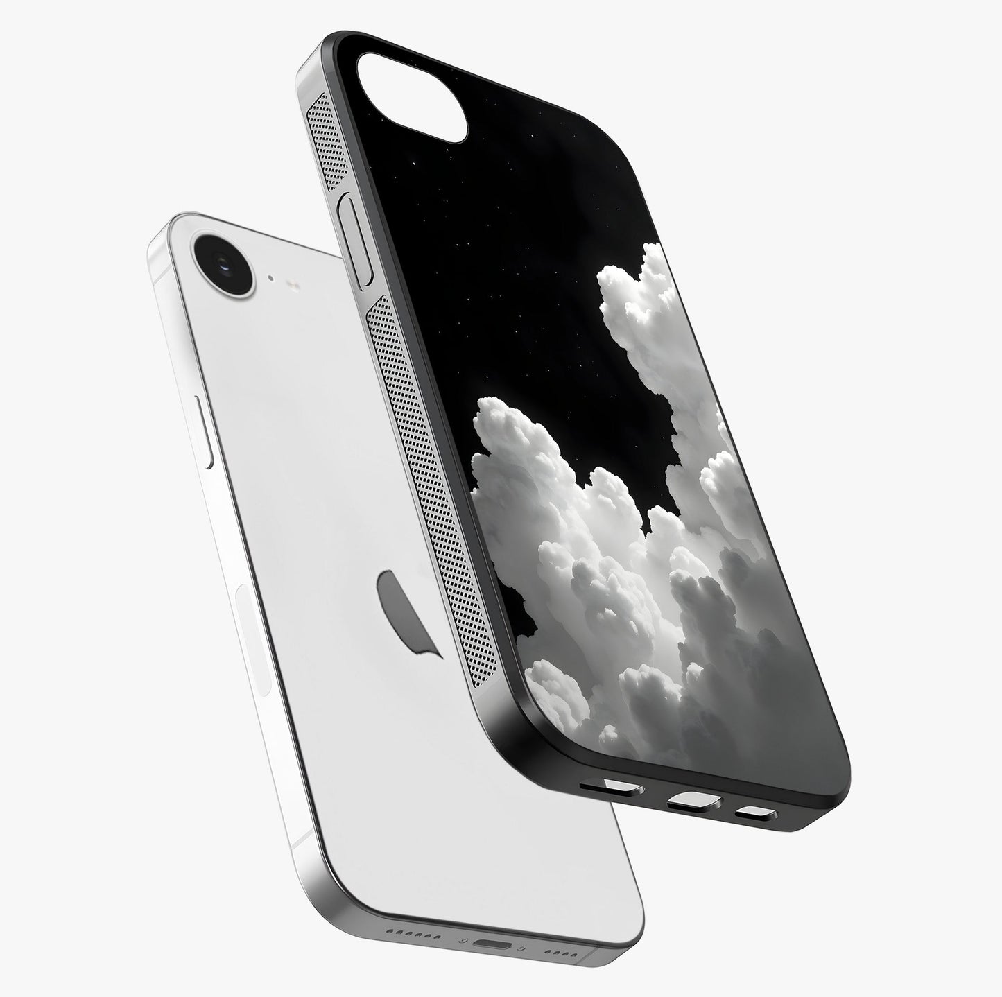 Black Background With White Cloud Glass Case laid diagonally highlighting side profile, edges and glossy glass shine.