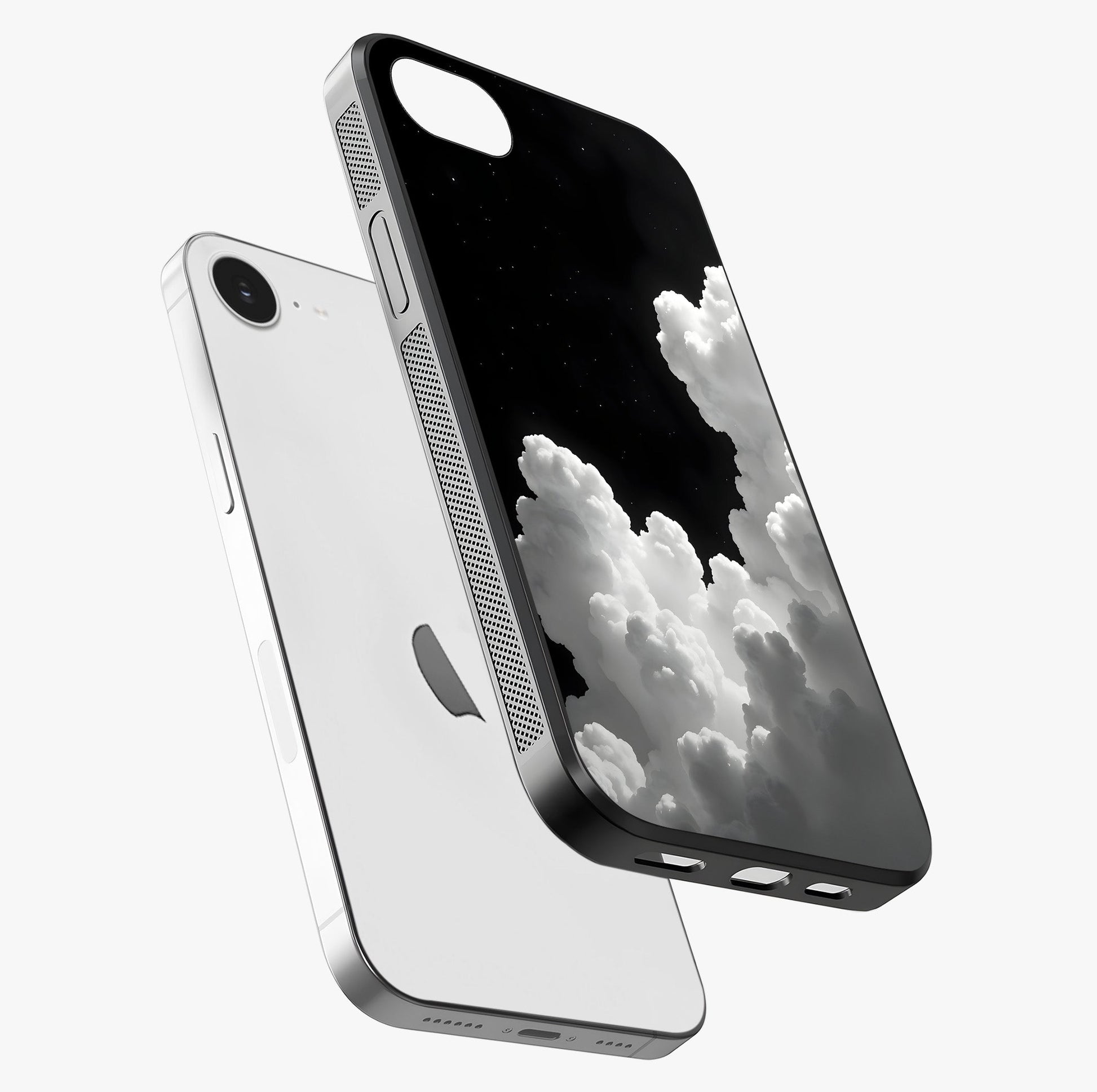 Black Background With White Cloud Glass Case laid diagonally highlighting side profile, edges and glossy glass shine.