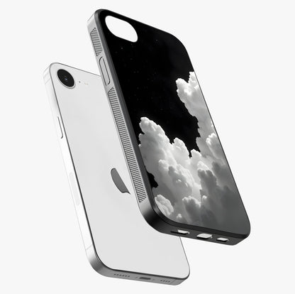 Black Background With White Cloud Glass Case laid diagonally highlighting side profile, edges and glossy glass shine.