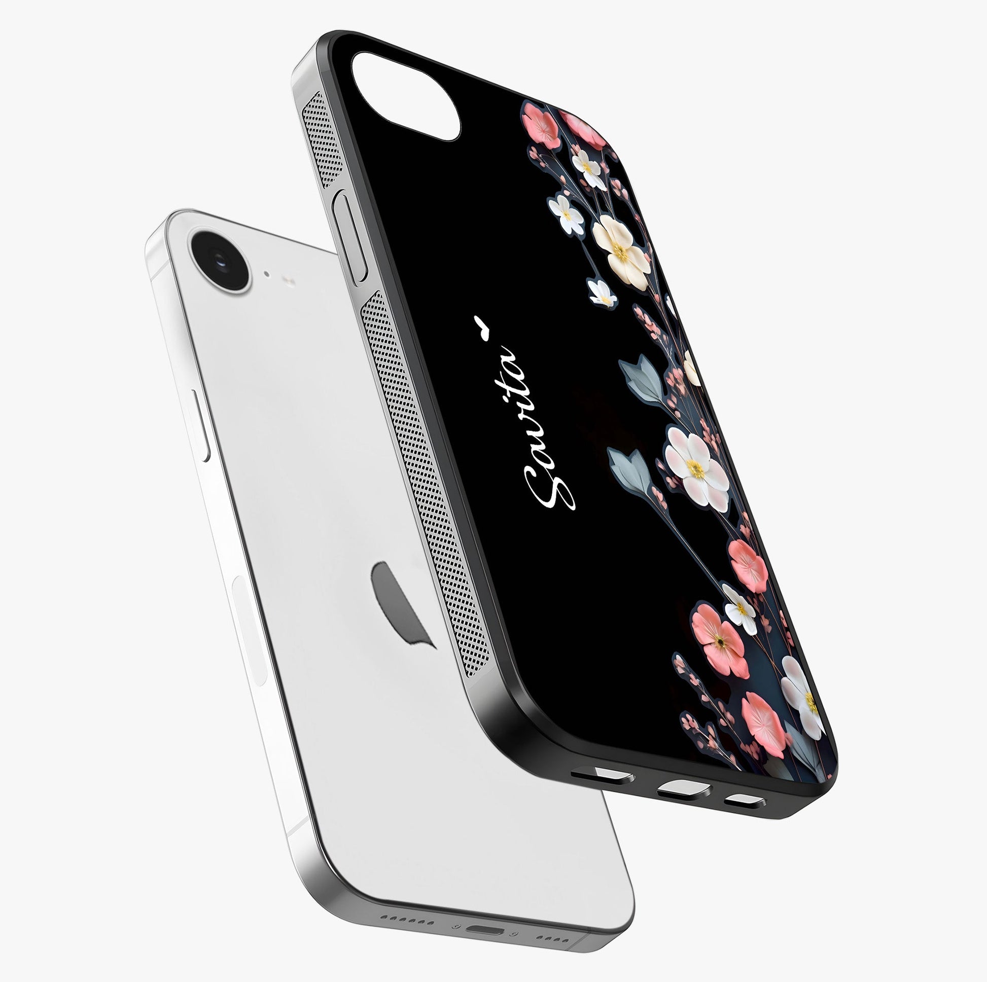 Black Elegance Floral Custom Name Glass Case laid diagonally highlighting side profile, edges and glossy glass shine.