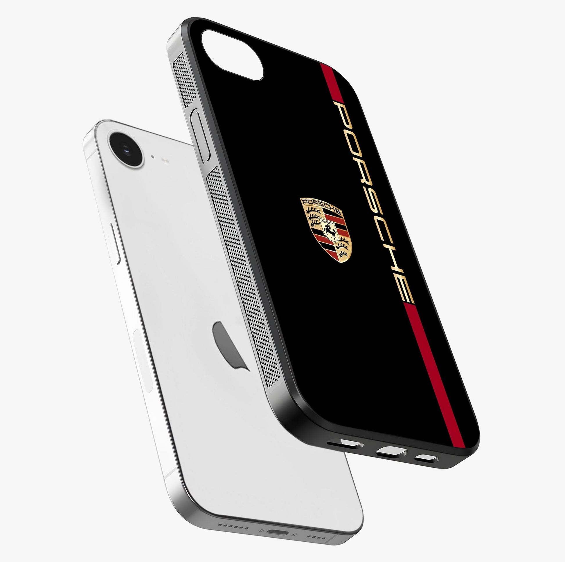 Black Minimal Porsche Glass Case laid diagonally highlighting side profile, edges and glossy glass shine.