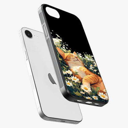 Blissful Bloom Cat Glass Case laid diagonally highlighting side profile, edges and glossy glass shine.