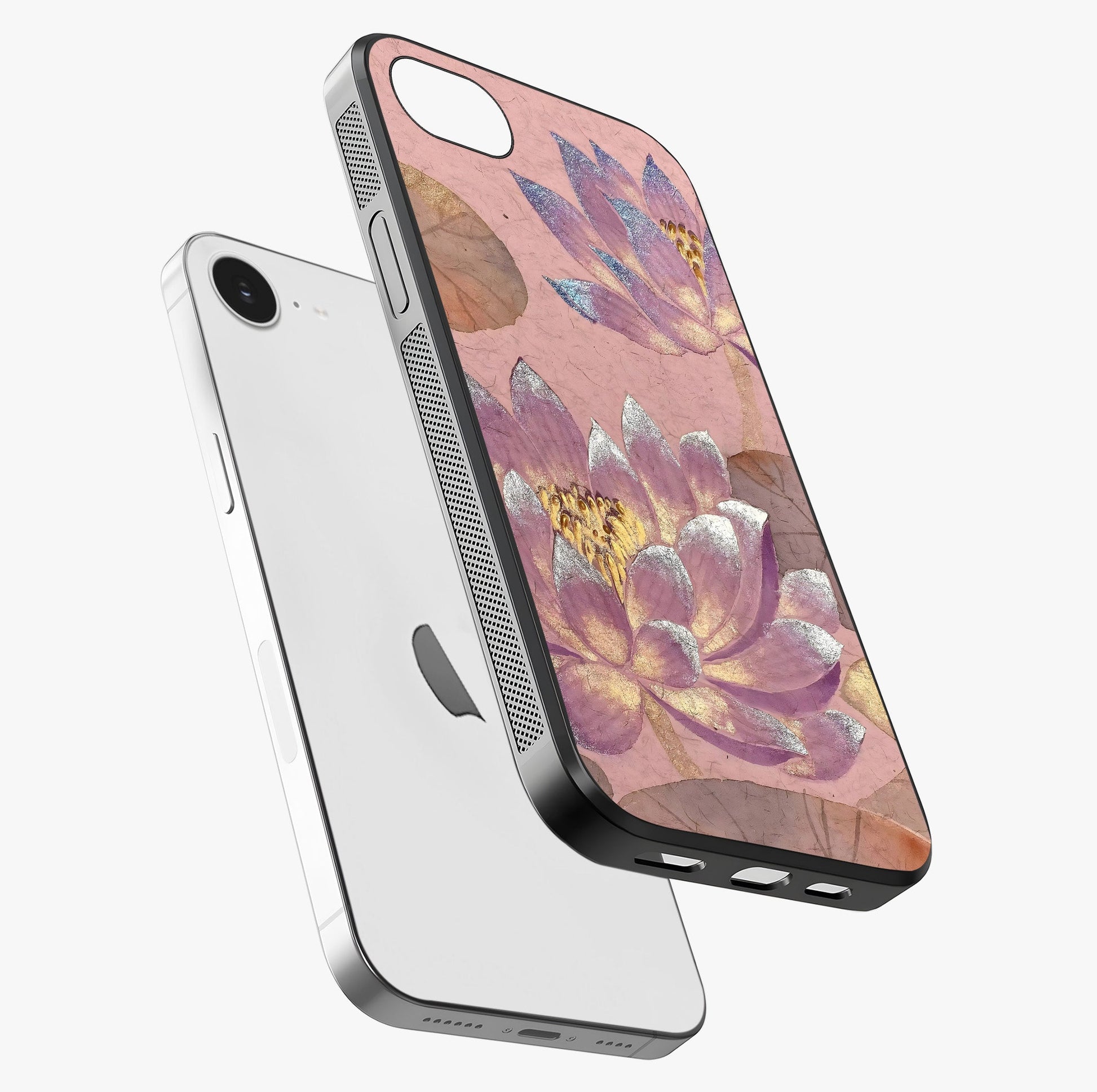Blossom Mist Lotus Glass Case laid diagonally highlighting side profile, edges and glossy glass shine.