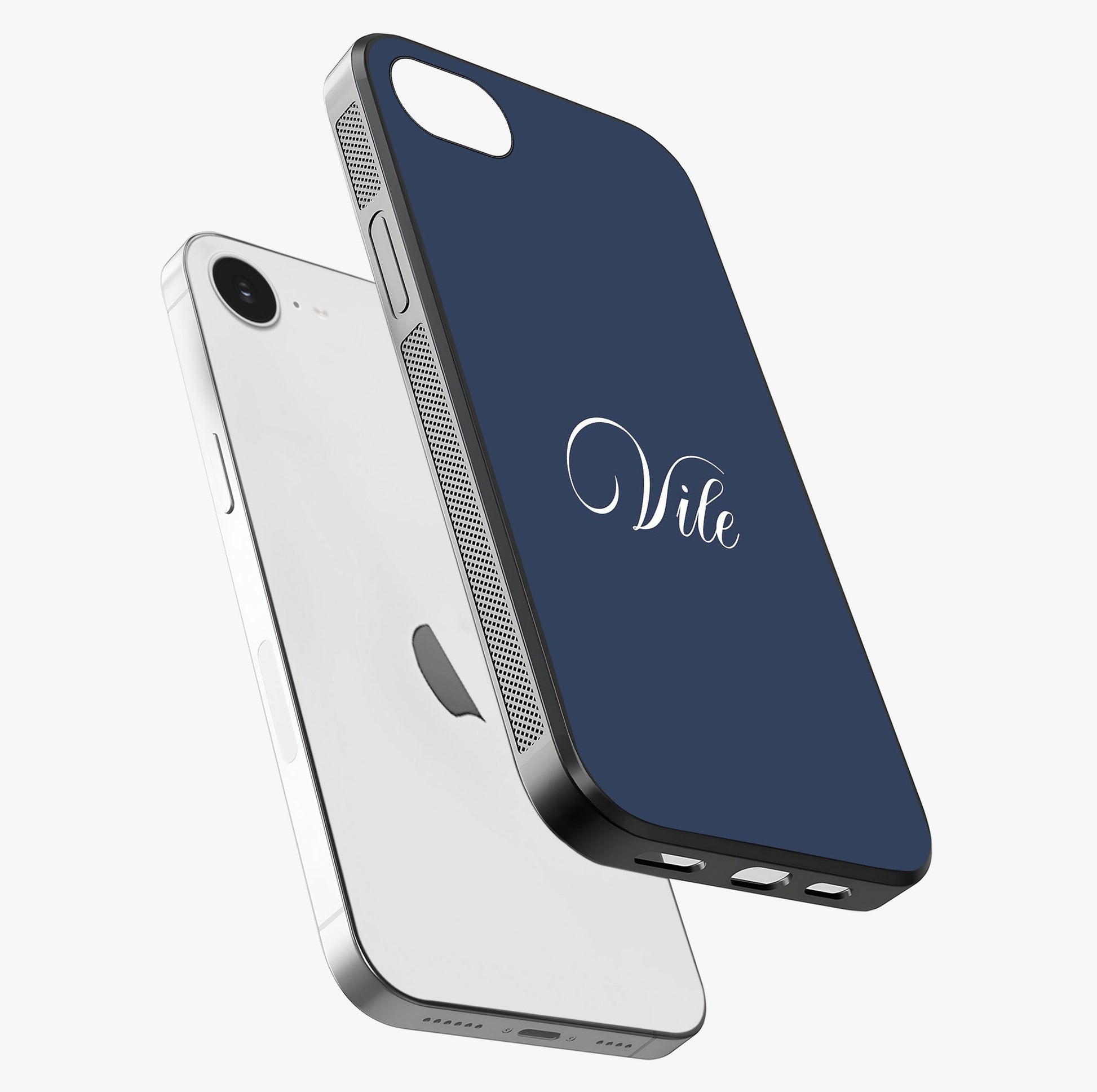 Blue Background Personalized Custom Name Glass Case laid diagonally highlighting side profile, edges and glossy glass shine.