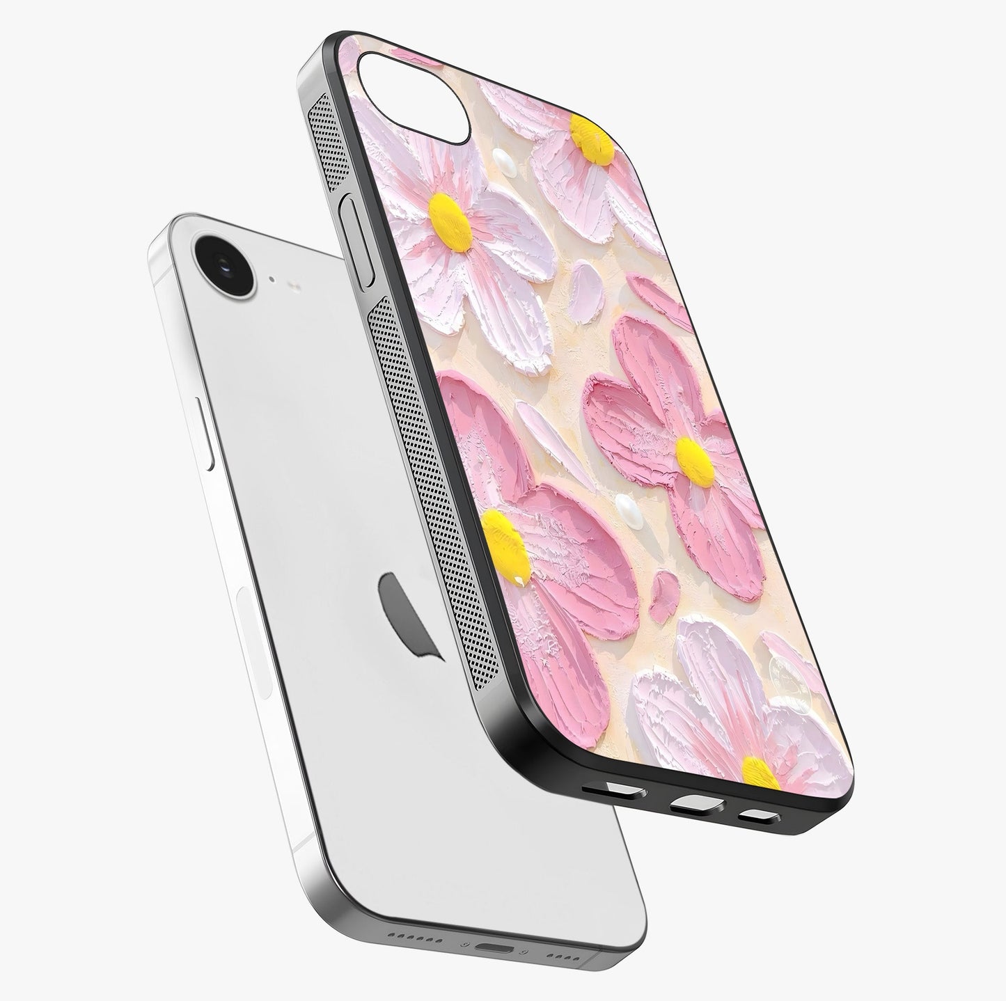Blush Bloom Texture Glass Case laid diagonally highlighting side profile, edges and glossy glass shine.
