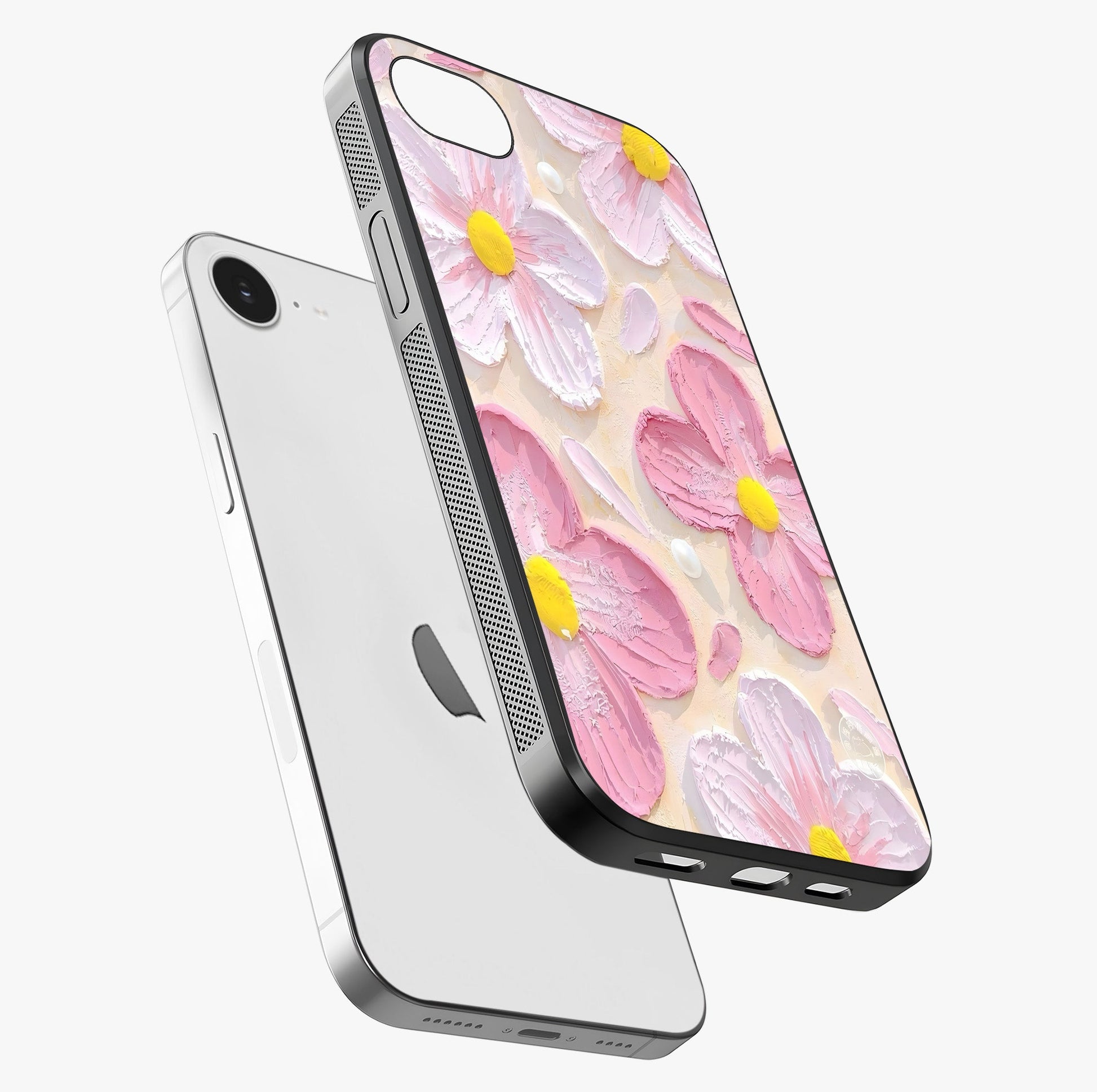 Blush Bloom Texture Glass Case laid diagonally highlighting side profile, edges and glossy glass shine.