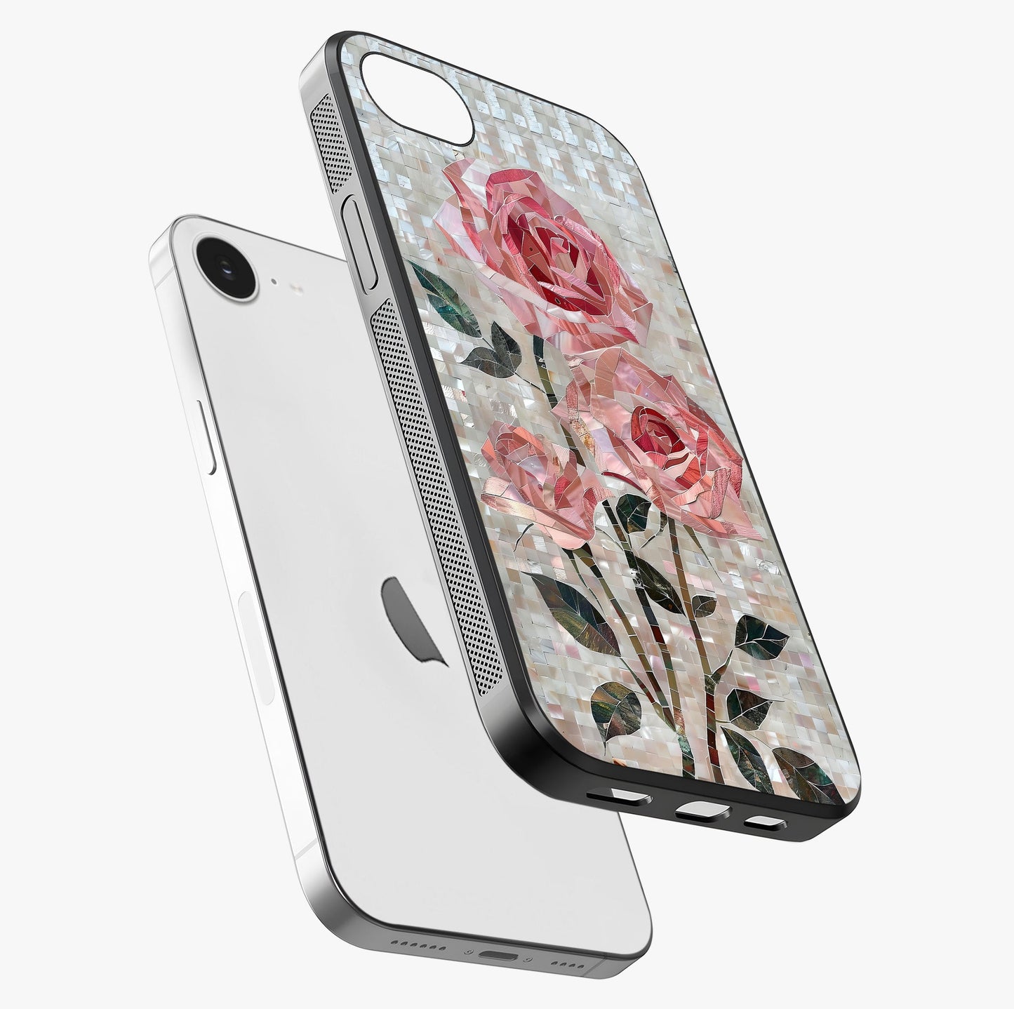 Blush Mosaic Bloom Glass Case laid diagonally highlighting side profile, edges and glossy glass shine.