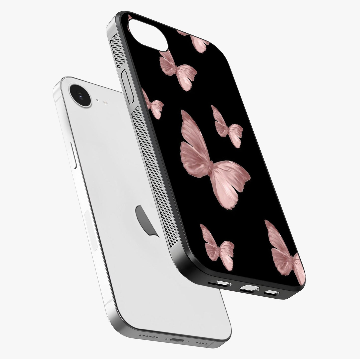 Butterfly Pattern Glass Case laid diagonally highlighting side profile, edges and glossy glass shine.
