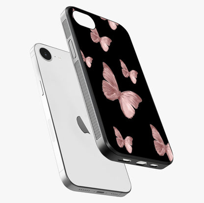 Butterfly Pattern Glass Case laid diagonally highlighting side profile, edges and glossy glass shine.