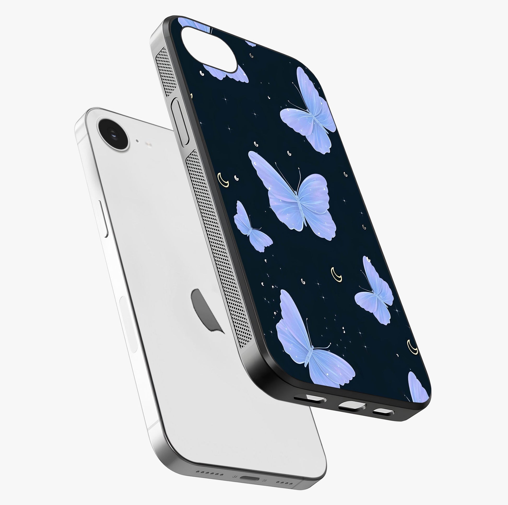 Butterfly With Stars Pattern Glass Case laid diagonally highlighting side profile, edges and glossy glass shine.