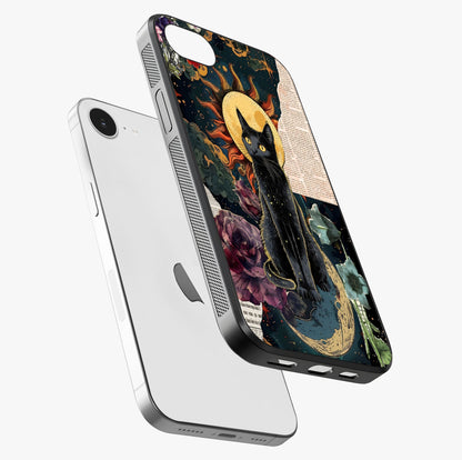 Celestial Black Cat Glass Case laid diagonally highlighting side profile, edges and glossy glass shine.