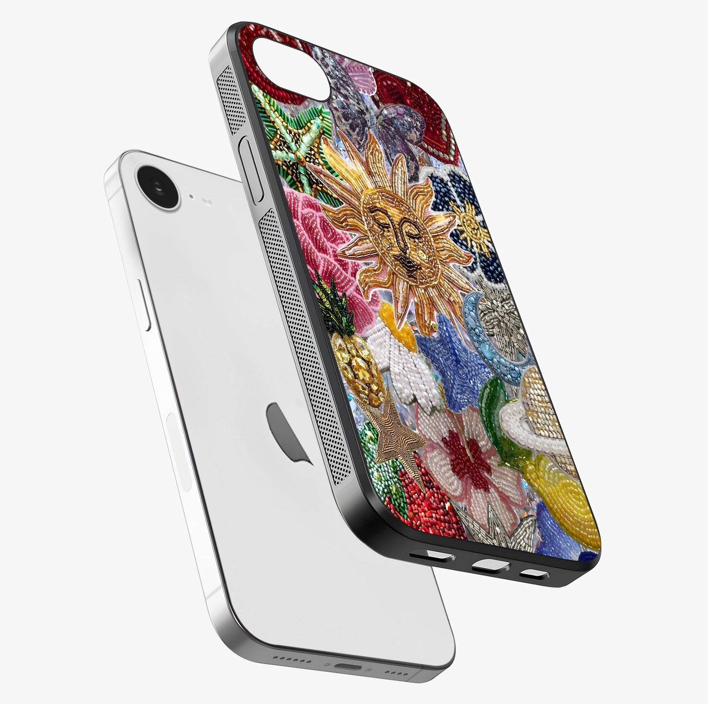 Celestial Floral And Playful Glass Case laid diagonally highlighting side profile, edges and glossy glass shine.