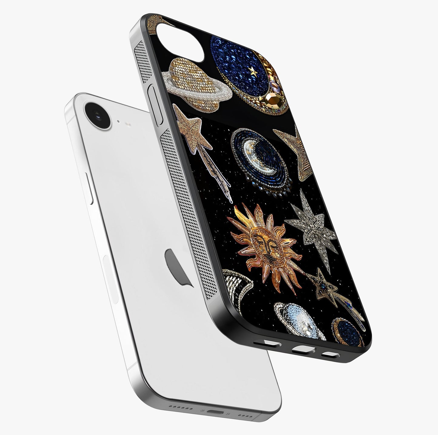 Celestial Gem Constellations Glass Case laid diagonally highlighting side profile, edges and glossy glass shine.