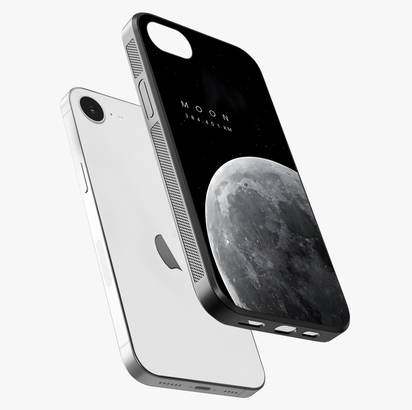 Cosmic Moon Glow Glass Case laid diagonally highlighting side profile, edges and glossy glass shine.