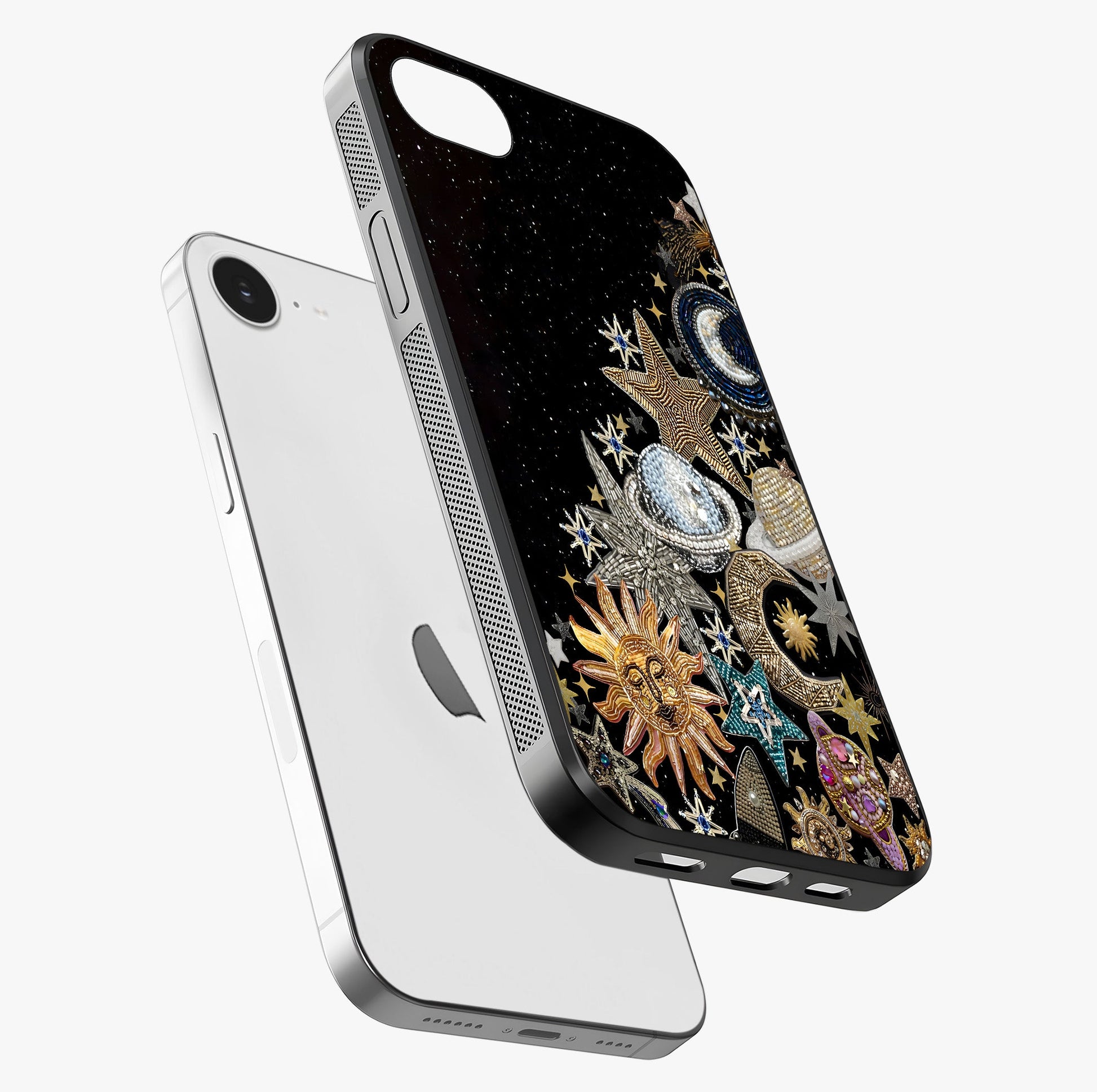 Cosmic Sparkle Dreams Glass Case laid diagonally highlighting side profile, edges and glossy glass shine.